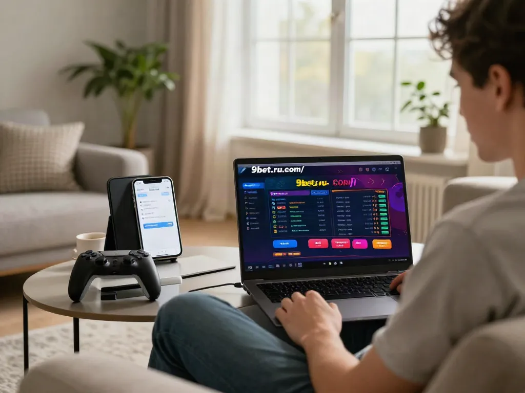 User engaging with the online gambling platform https://9bet.ru.com/ in a cozy living room, showcasing vibrant graphics and betting odds.