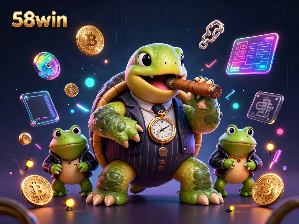 Engage in thrilling games at 58win with a colorful 3D casino representation of a turtle in a mobster suit.