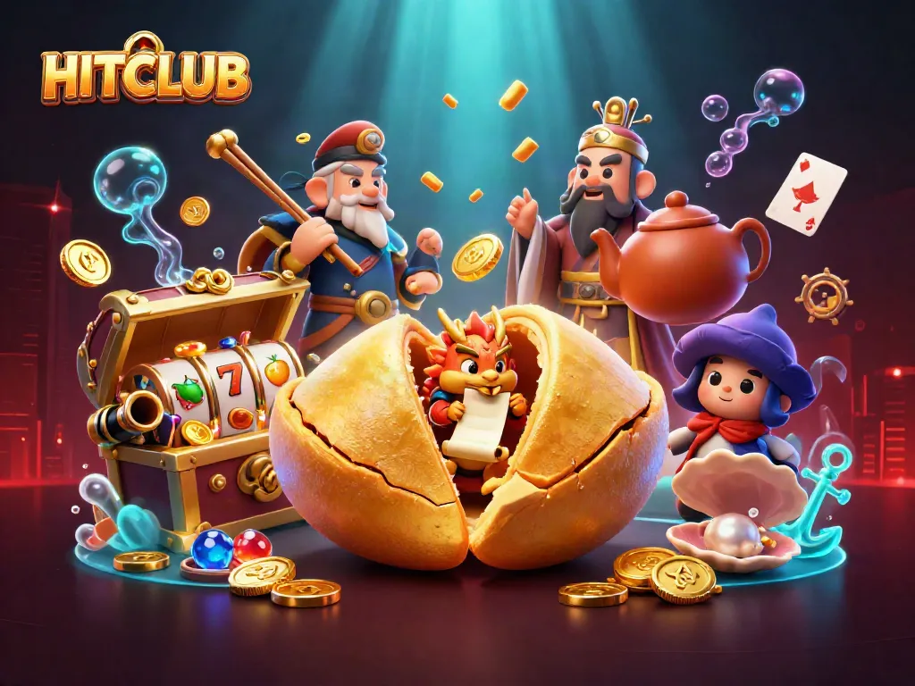 Win big with HITCLUB at a lively online casino, featuring a golden fortune cookie and dynamic gaming elements.