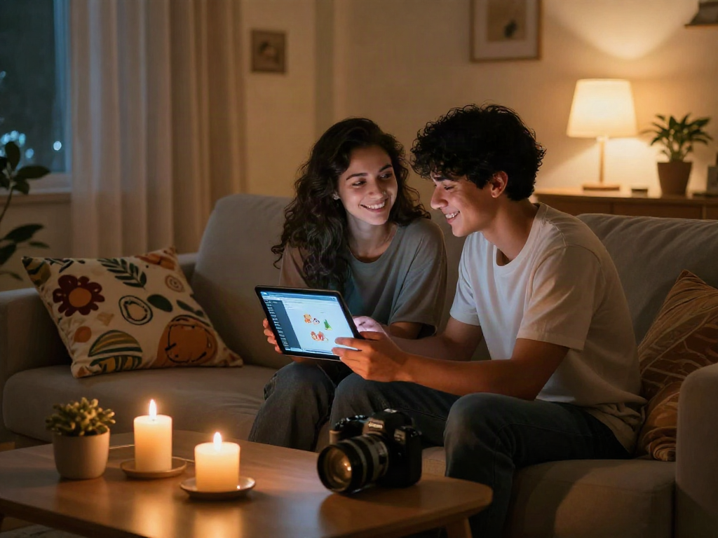Two people engaging in a porn ai chat in a cozy setting, illustrating modern digital romance.