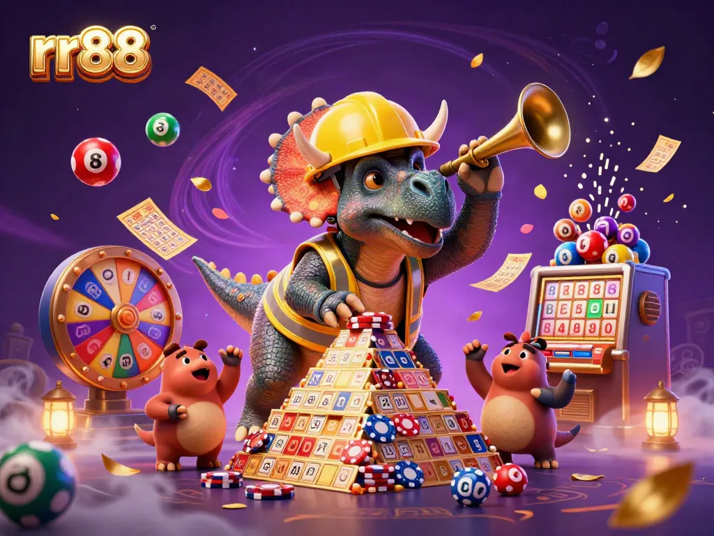 Experience the vibrant casino atmosphere at rr88 with our 3D illustration showcasing festive characters and gambling elements.