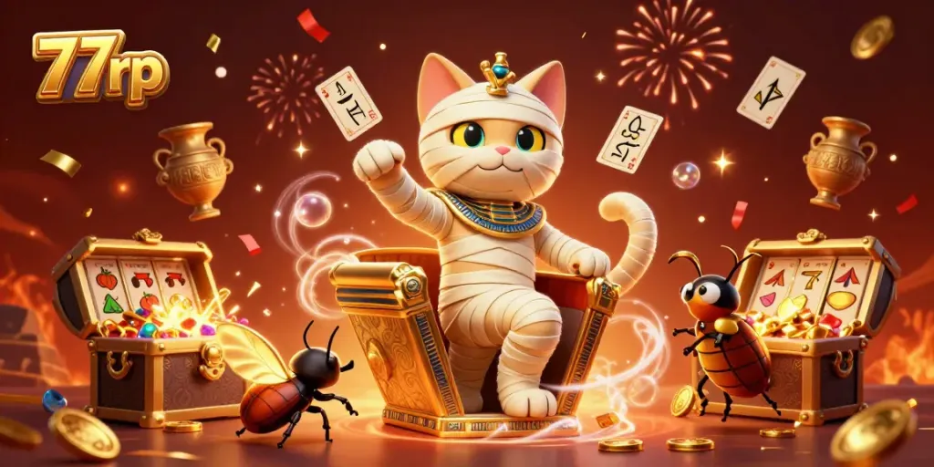 Experience thrilling gameplay at 77rp with a vibrant Egyptian mummy and golden treasures in a dynamic casino scene.