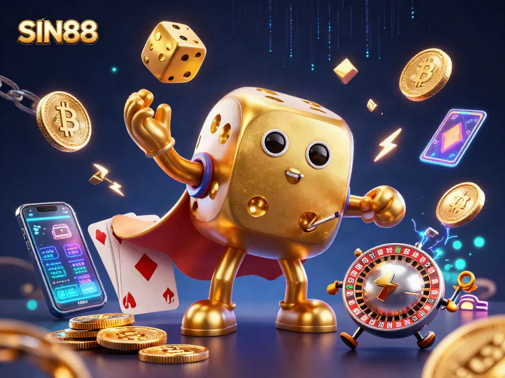 Experience thrilling gaming at SIN88 with vibrant golden dice and crypto elements in this rich casino illustration.