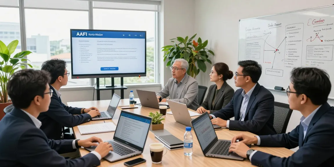 Professional auditors collaborating at a conference table, showcasing aafikotamedan.org training programs.