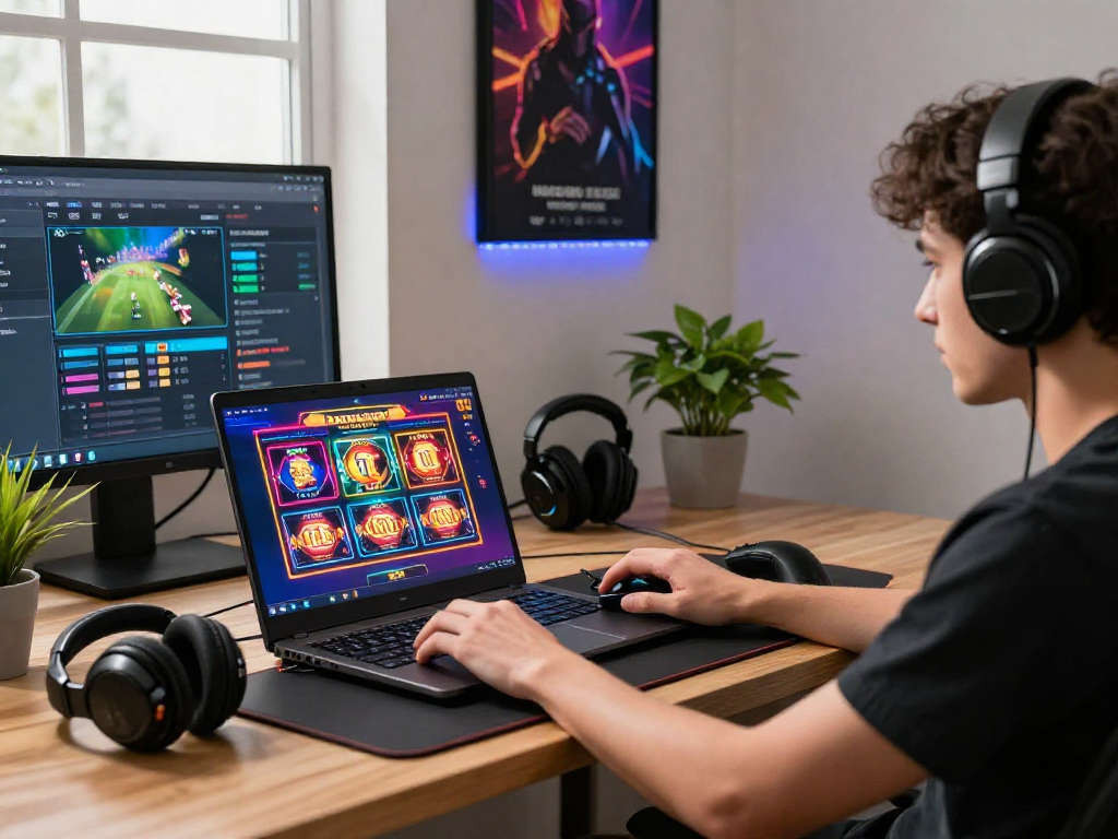 Player enjoying non UK licensed casinos on laptop in a vibrant gaming room filled with gaming accessories and soft LED lighting.