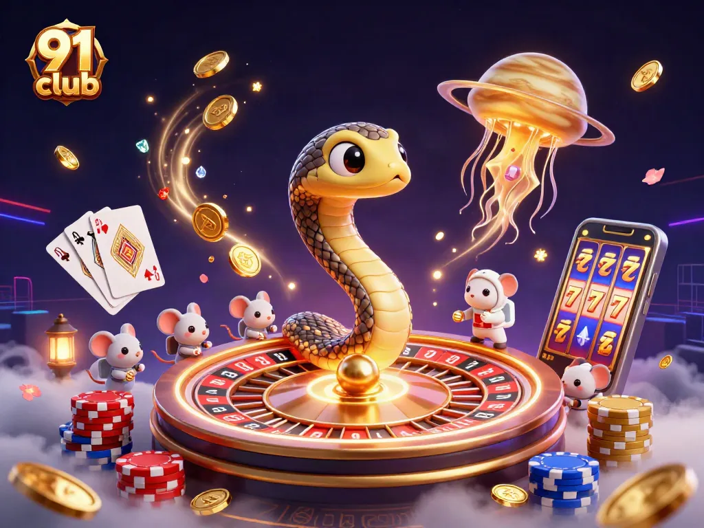 Engage with the 91 club through a vibrant cosmic roulette scene featuring interactive gaming elements.