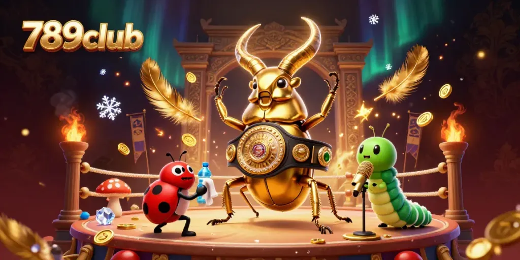 Engaging scene from 789club featuring a golden stag beetle boxing champion, showcasing action and rich casino elements.