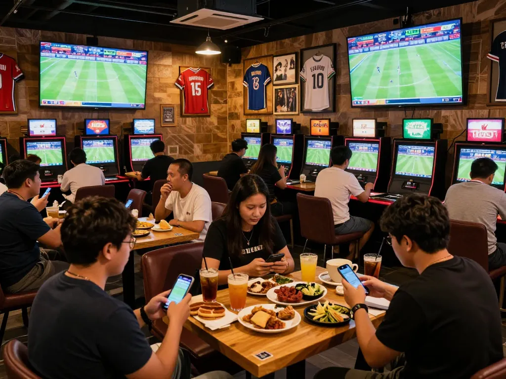 Kèo nhà cái betting enthusiasts enjoying live sports in a lively lounge, capturing the excitement.