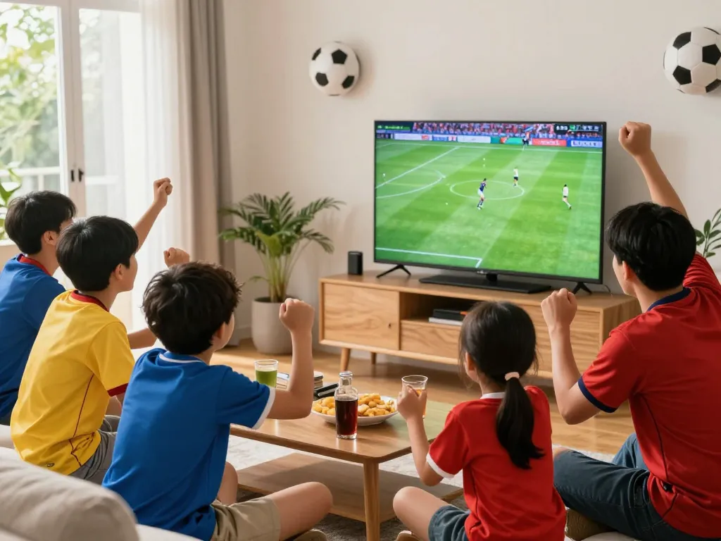 Fans enjoying a live match on Lương Sơn TV in a cozy home setting with snacks and team jerseys.