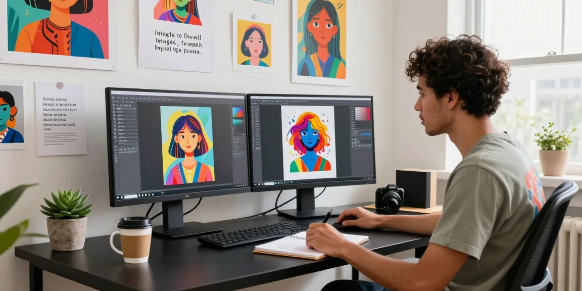 AI artist using an image to prompt generator in a creative workspace, vibrant visuals on screens, inspirational atmosphere