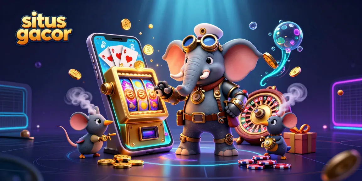 Experience fun with situs gacor in this vibrant casino-themed illustration featuring a steampunk elephant and games.