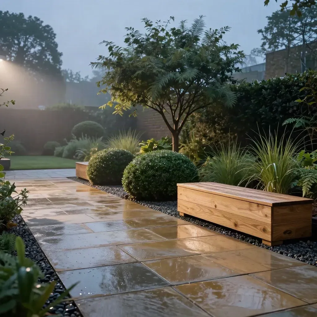 Blue-hour London front garden with sandstone paving, yew domes and wet gravel after rain