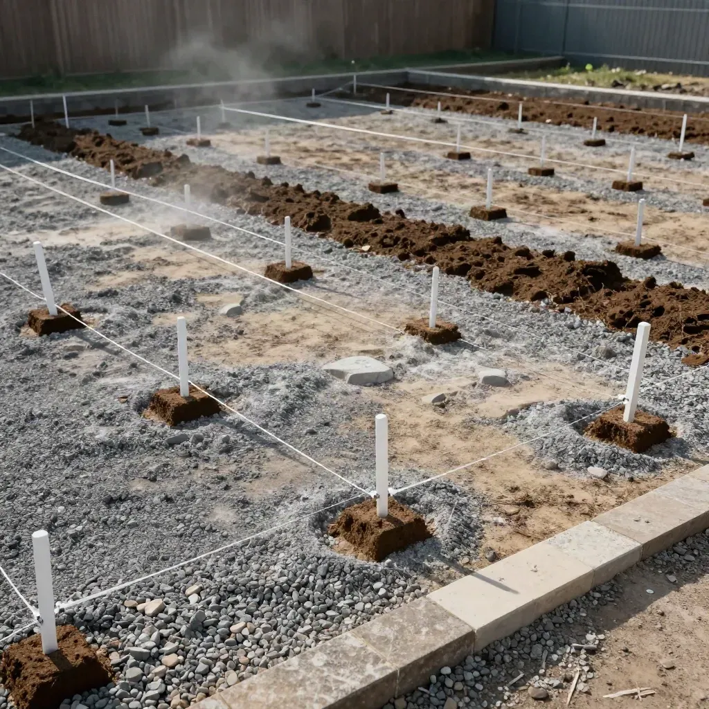 Survey pegs and string lines marking a rear garden plot beside gravel and exposed soil.