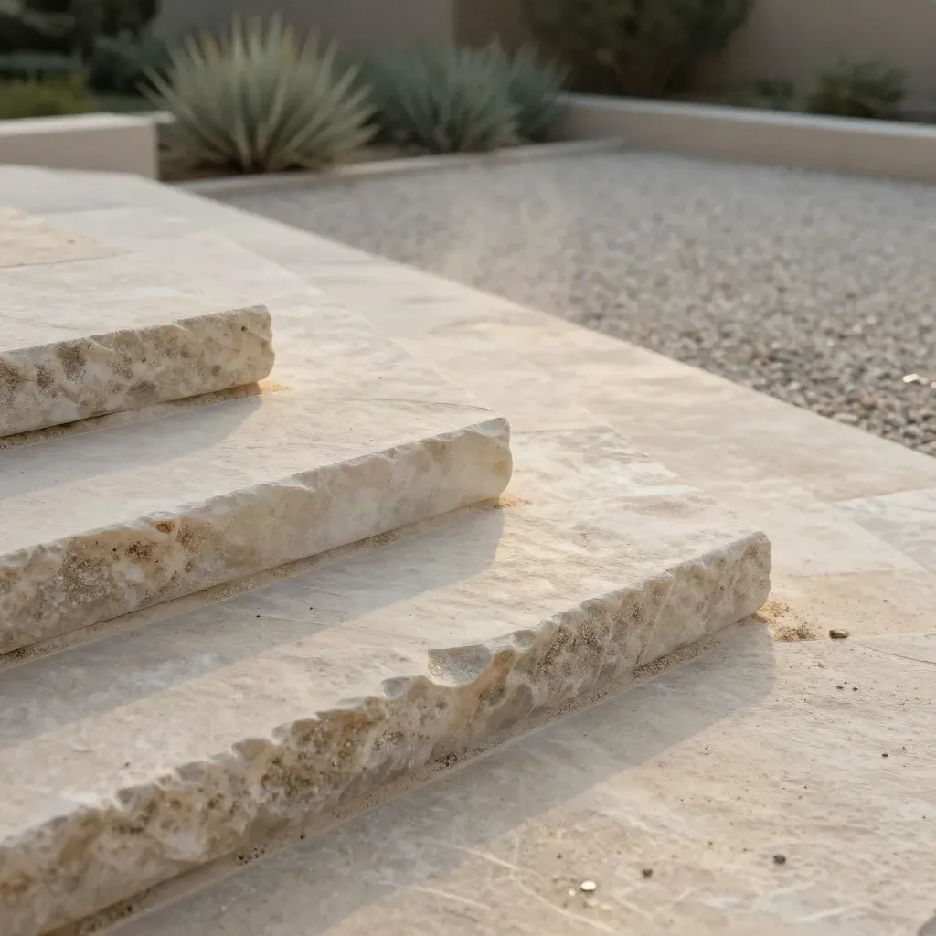 Sandstone terrace slabs stepping into gravel beside a rendered retaining edge and low planting