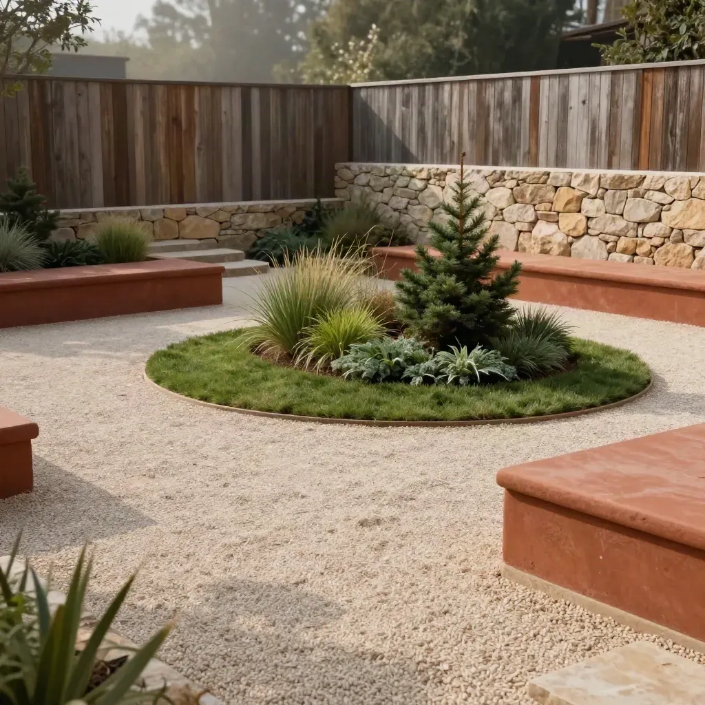 Zoned courtyard with gravel lounge, lawn pocket, and clear planting zones in warm stone and green.