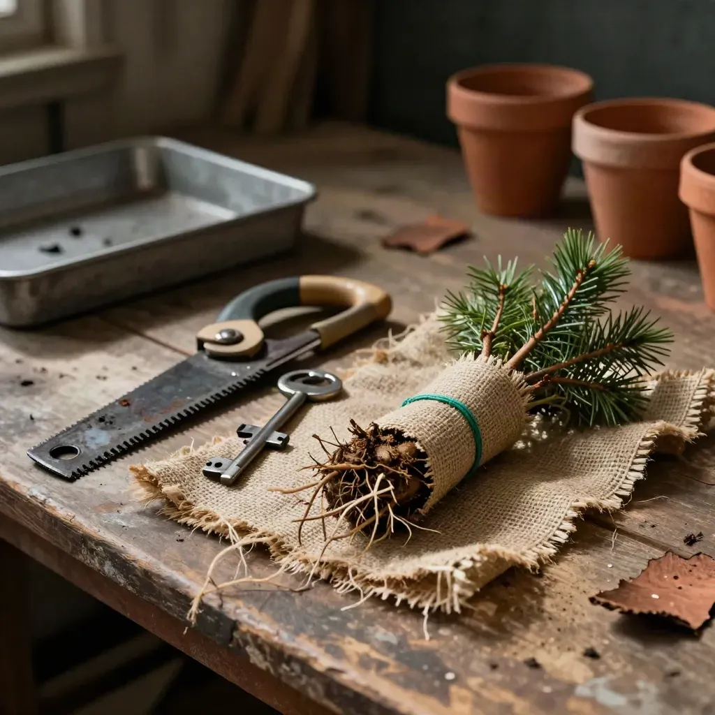 Pruning saw sheath, secateurs and hessian-wrapped saplings on a nursery potting bench.