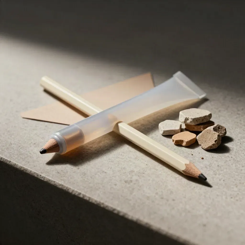 Tracing tube, pale pencils, and fanned material chips on limestone in soft side light.