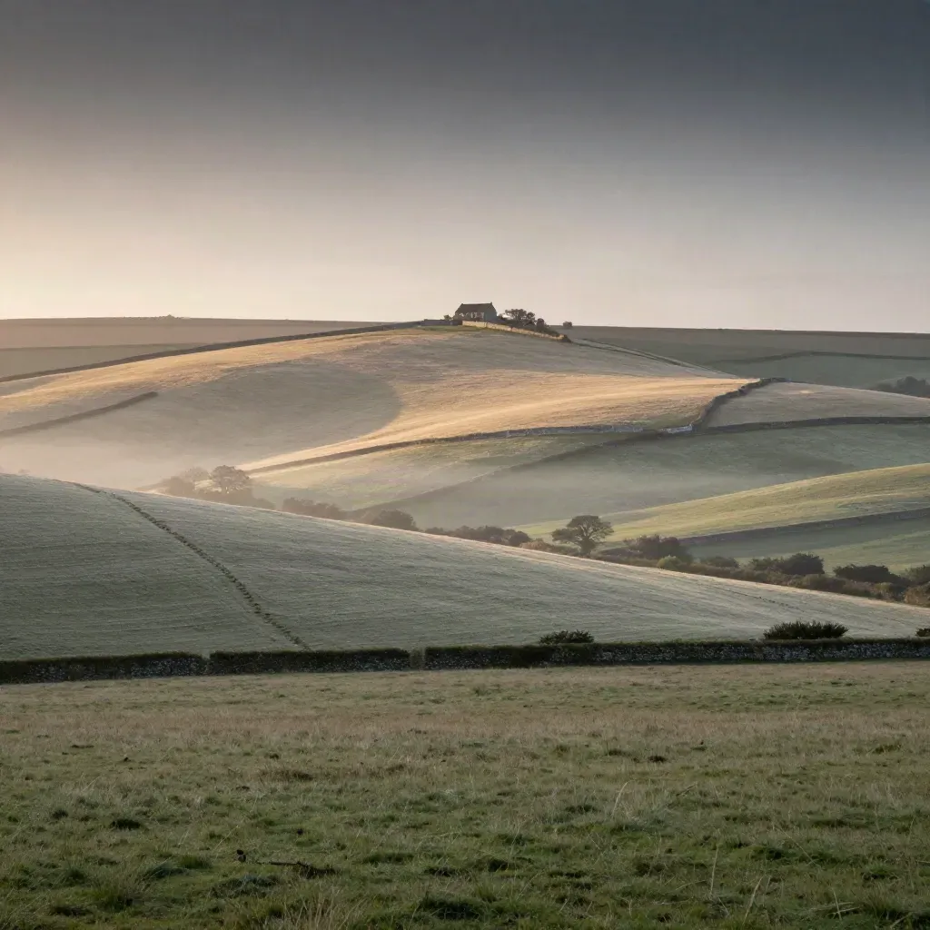 Sunrise over chalk downs with hedgerows, a lone farmhouse roofline, and hazy open meadow.
