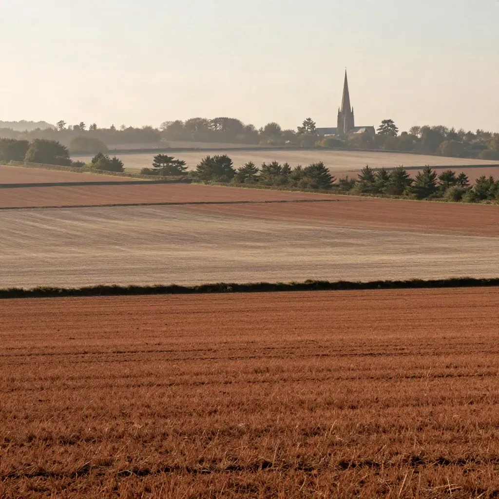 Hazy fenland fields with a distant cathedral spire and shelterbelts under warm light