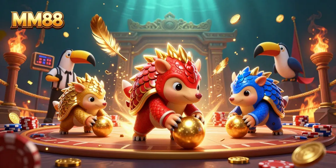 MM88 pangolins compete in a vibrant casino scene, rolling poker chips and golden elements.