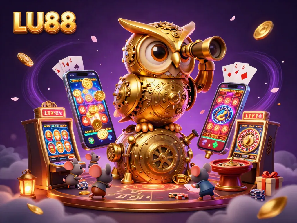 LU88 showcases an engaging casino scene with a golden owl exploring slot machines and vibrant game elements.