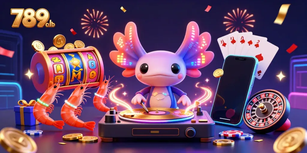 Experience the vibrant fun of 789club with a 3D cartoon DJ, colorful slot games, and festive confetti!