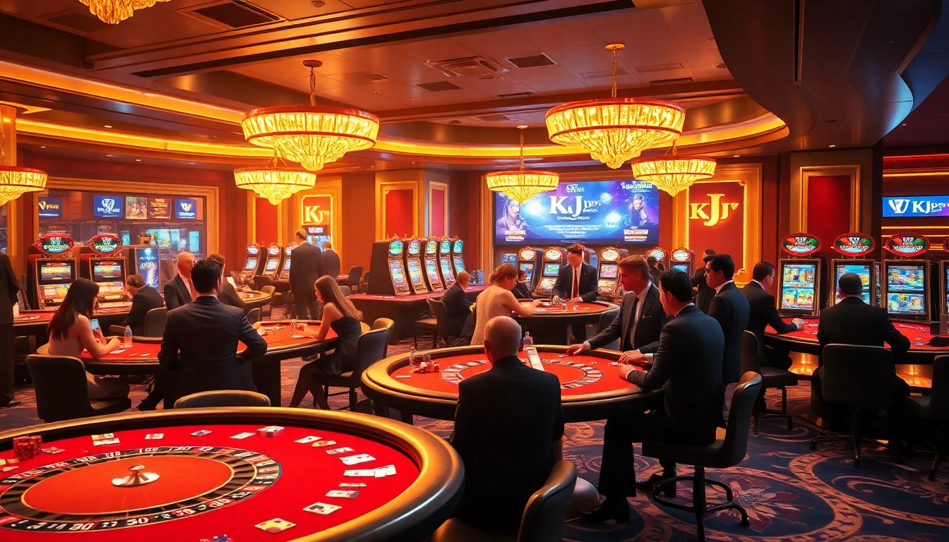KJC gamblers strategizing at a high-stakes poker table in a luxurious casino ambiance.