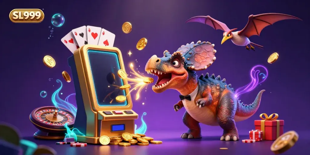 SL999 showcases vibrant 3D cartoon characters interacting with a golden slot machine, celebrating a jackpot.