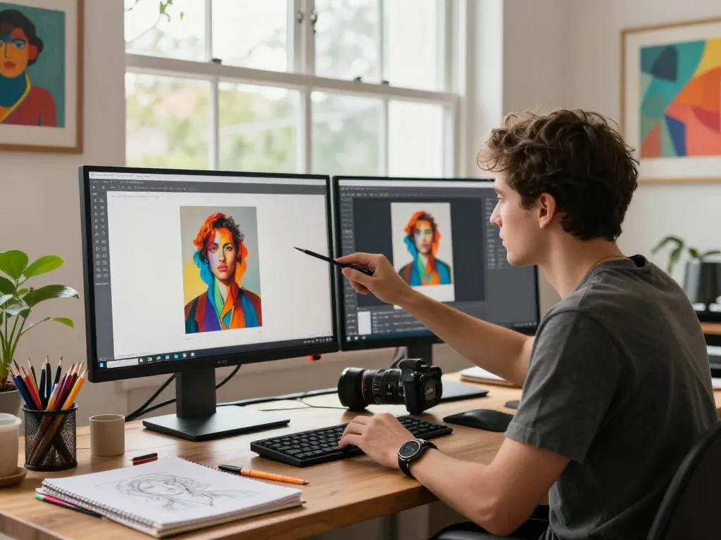 Digital artist using an image prompt generator in a vibrant creative workspace