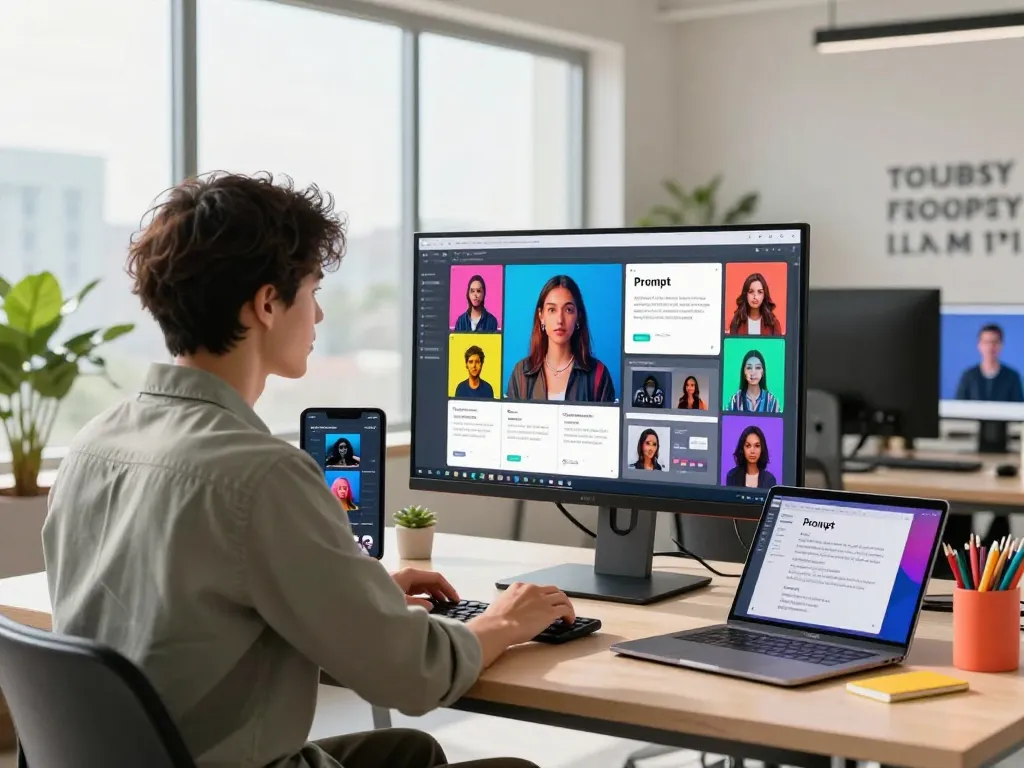 Generate image to prompt accurately in an innovative workspace with natural light and vibrant tech.