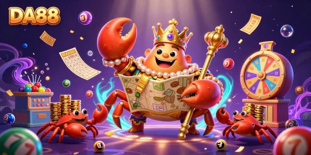 Spin to win big with DA88’s vibrant crab emperor and engaging lottery elements!