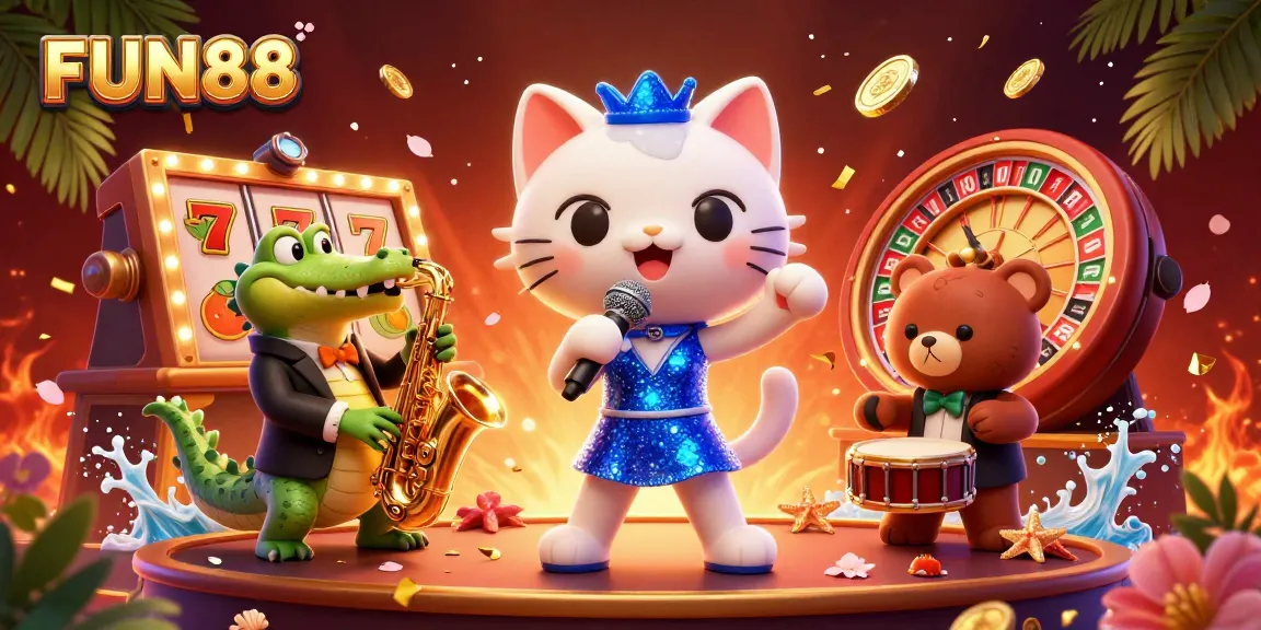 Join the excitement of FUN88 with a jazzy cat, a crocodile, and a bear cub at a vibrant casino stage.