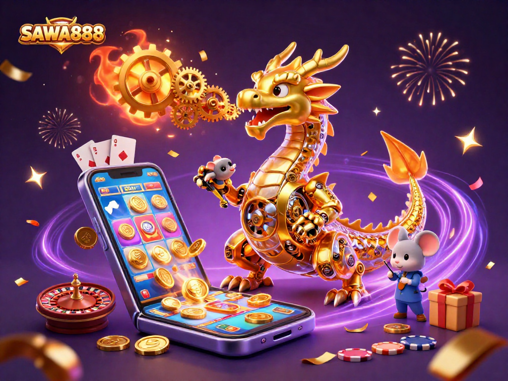 SAWA888 showcases a dynamic 3D illustration of a golden dragon with gears, set among vibrant slot game elements.