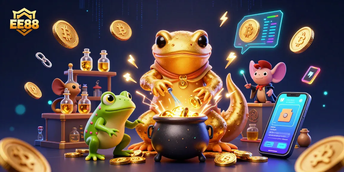 Play with EE88 in a vibrant 3D casino scene featuring crypto coins and gold elements.
