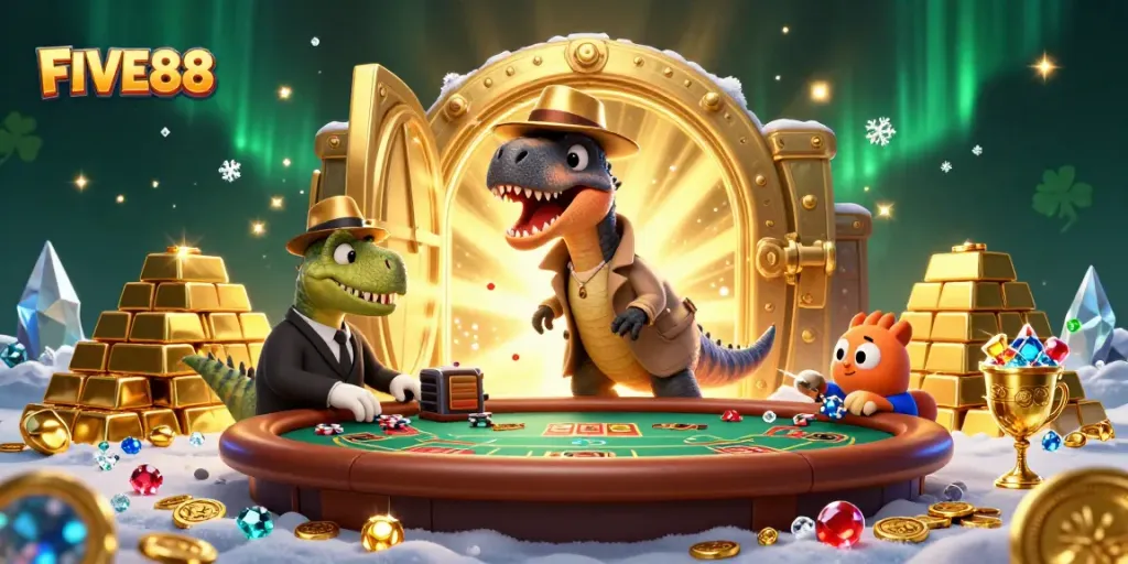 Win big at FIVE88 with an exciting casino scene featuring animated characters and treasures.