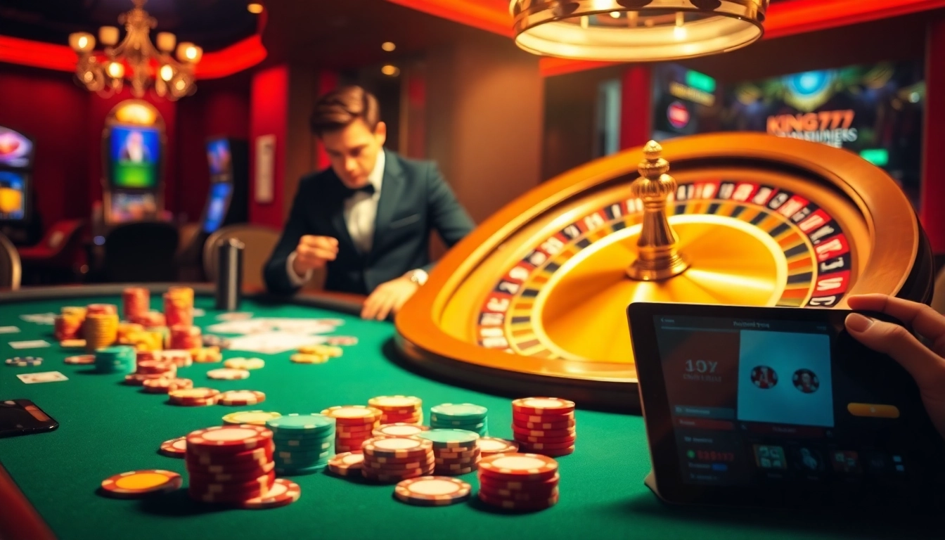 Intense gaming action at King79 online casino with vibrant poker chips and a spinning roulette wheel.