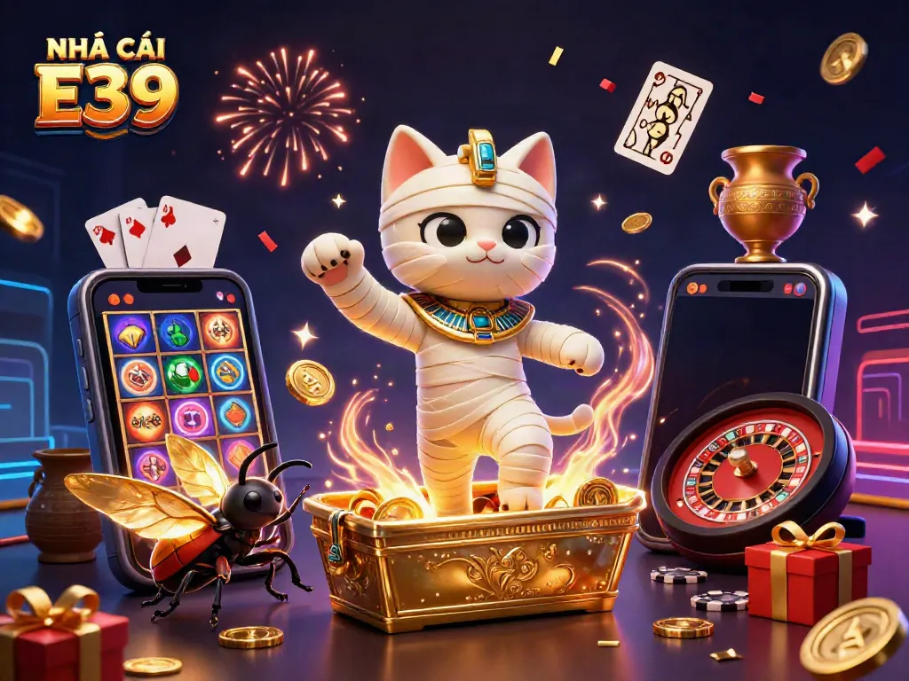 Experience the thrill of NHÀ CÁI E39 with a vibrant 3D illustration, showcasing a mummy cat and a scarab beetle in a lively casino scene.
