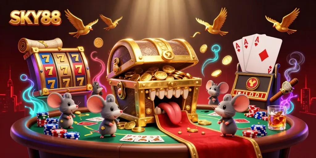 Experience the excitement of SKY88 with vibrant slots and poker elements, capturing the thrill of casino gaming.