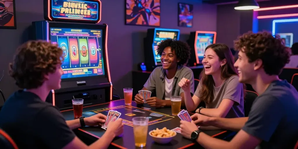 A group of friends enjoying a casino not on gamstop evening, laughing and playing cards at a gaming table.