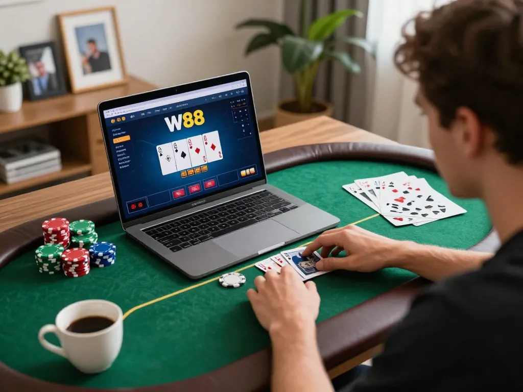 Player engaging in W88 poker gameplay at home, focused on strategy and relaxed atmosphere.