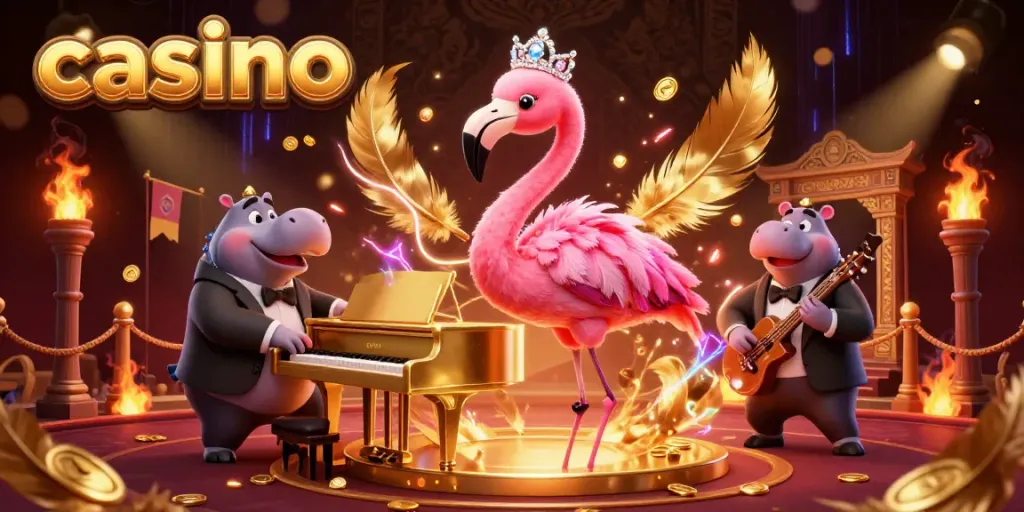 Engaging casino scene with a flamingo singer, hippo bassist and vibrant game elements.