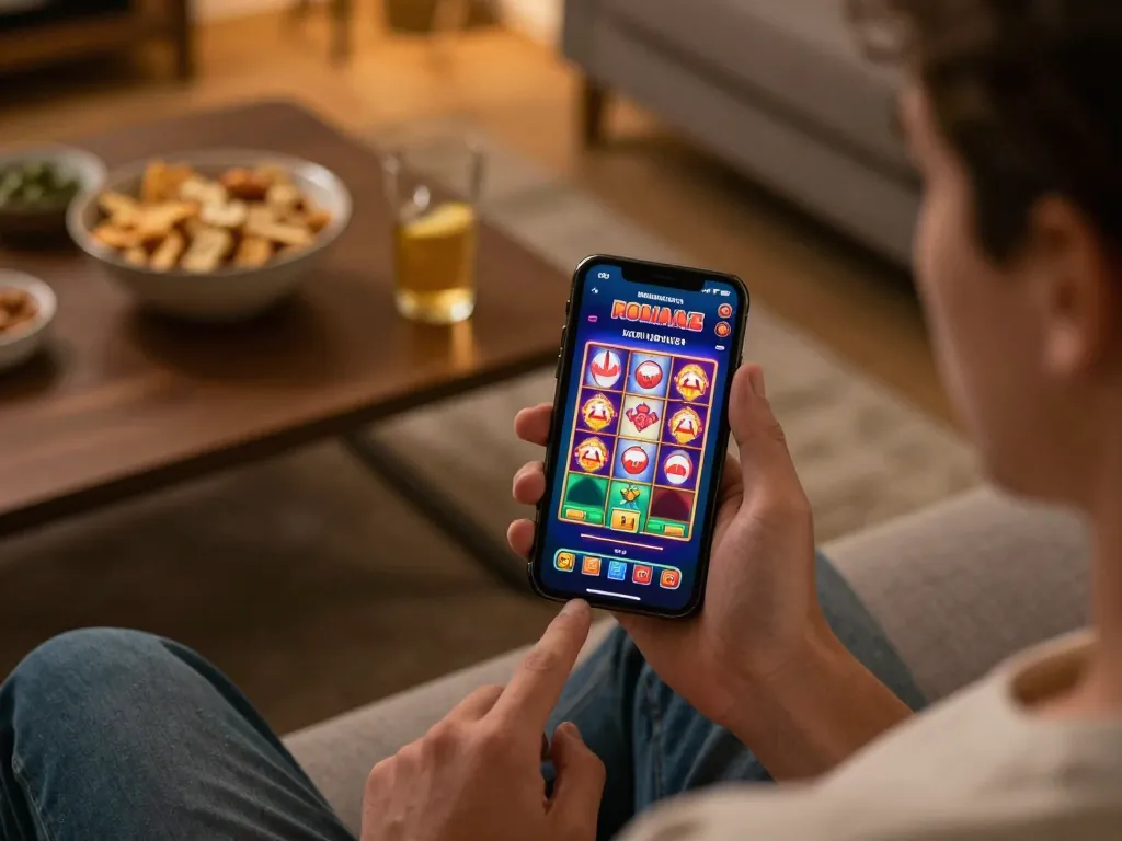 Engaging with 8kbet betting app on smartphone in a cozy living room, showcasing mobile gambling excitement.