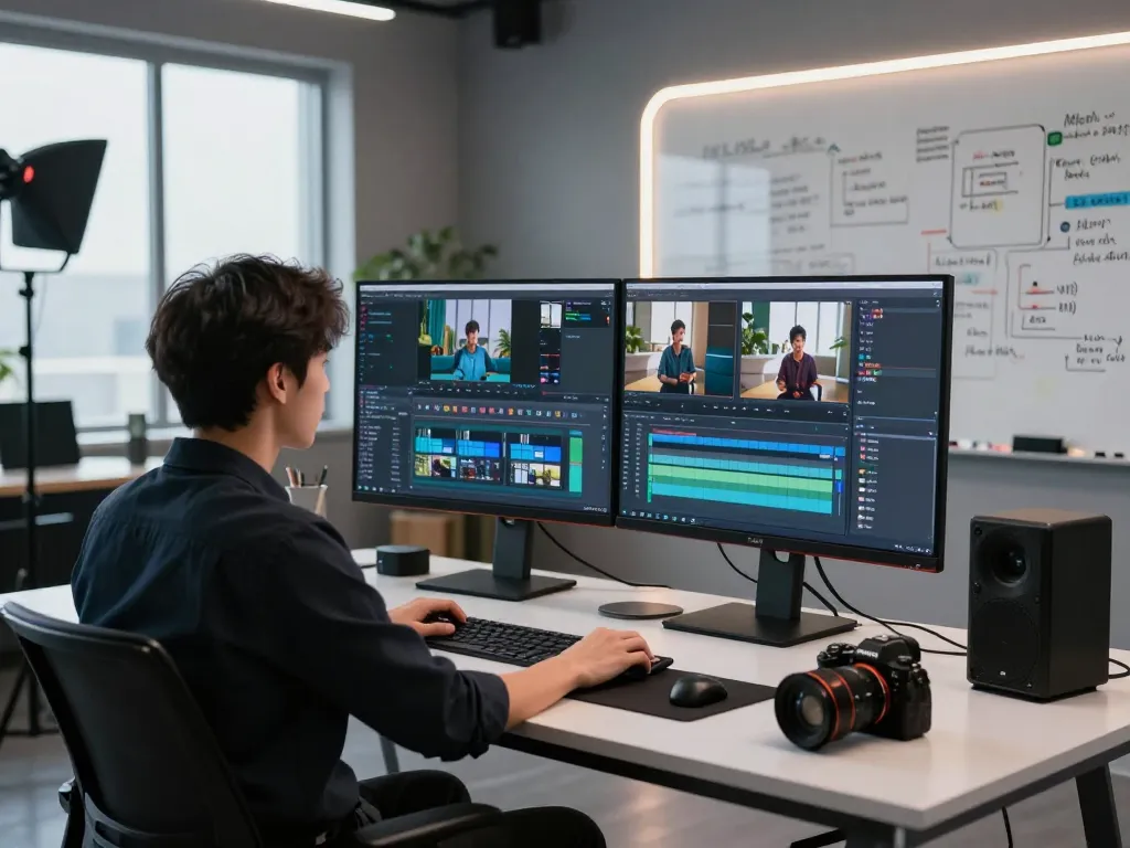 Data analyst converting video to prompt in modern digital studio, showcasing video editing technology.