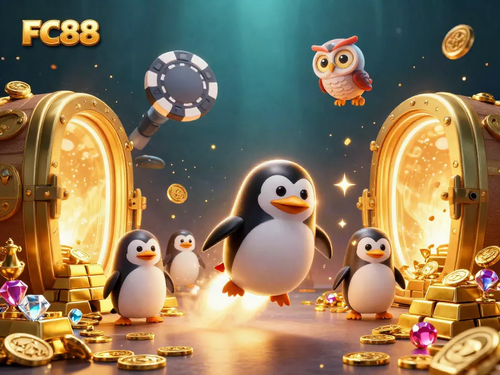 Experience the excitement of FC88 with a golden penguin navigating through casino elements in space.