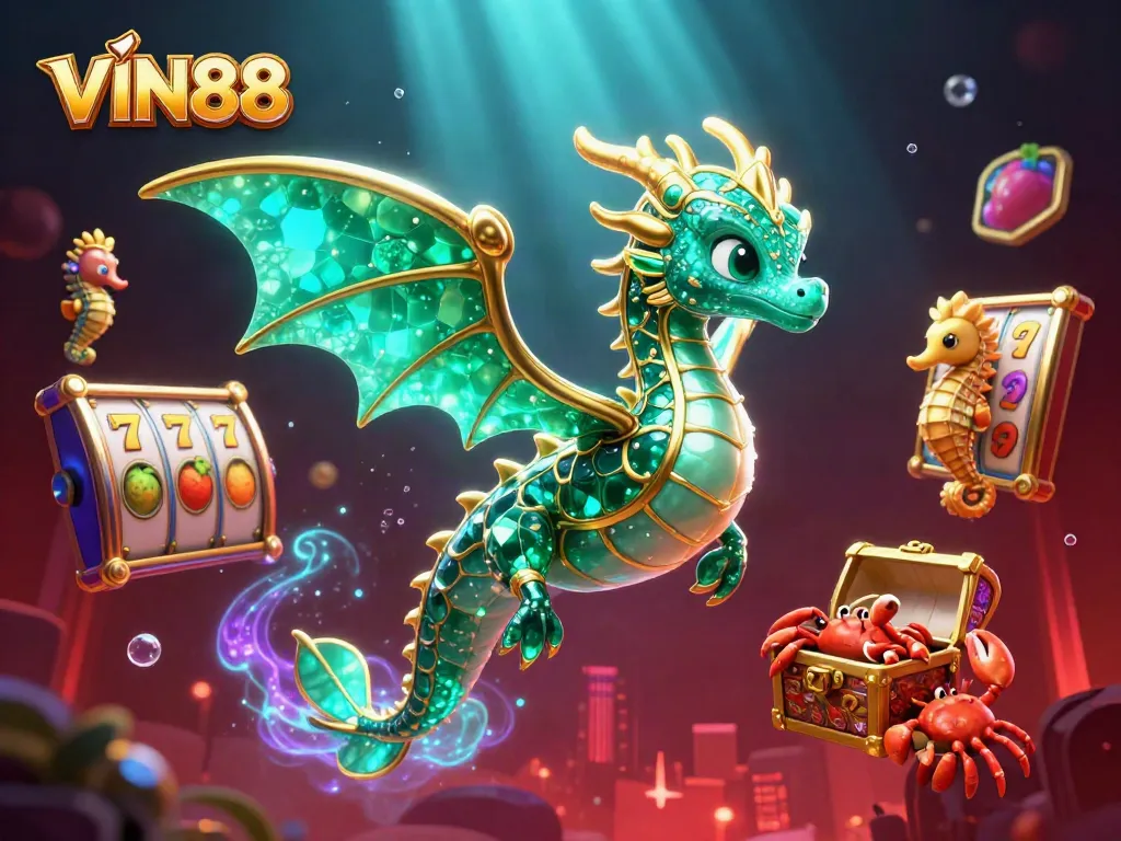 Experience the excitement of VIN88 slots with a vibrant 3D illustration of treasures, dragons, and lucky symbols.