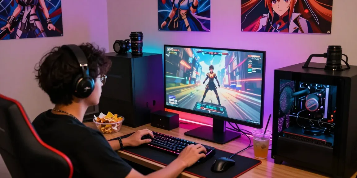 Immersive gaming setup with a player enjoying a hentai game on desktop