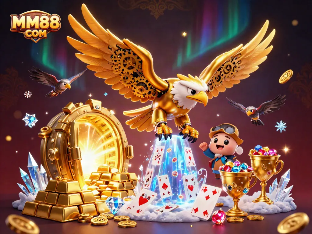Experience the thrill of gaming at MM88 COM with a dynamic, vibrant 3D casino illustration.