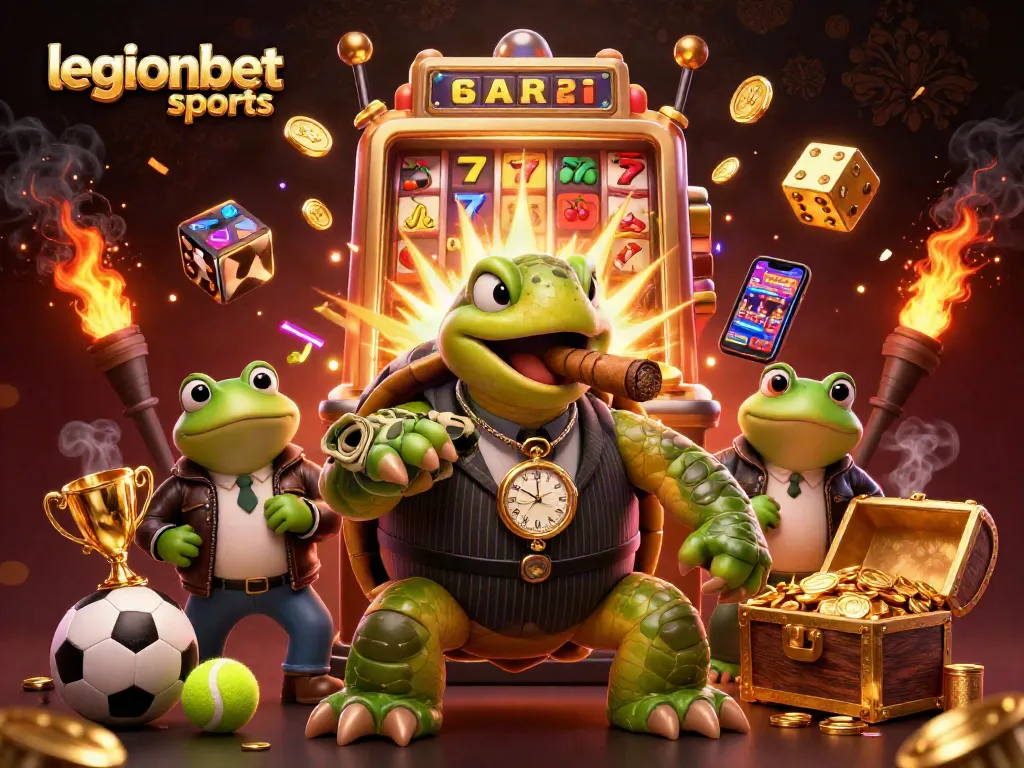 Experience thrilling legionbet sports action with a cartoon turtle and bullfrog enforcers in a lively casino scene.