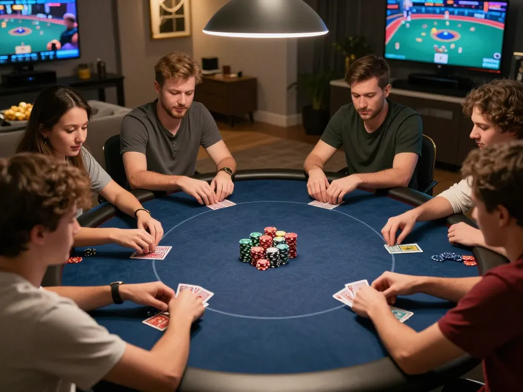 Players enjoying a strategic poker game at home, showcasing the engaging atmosphere of KO66 gaming.