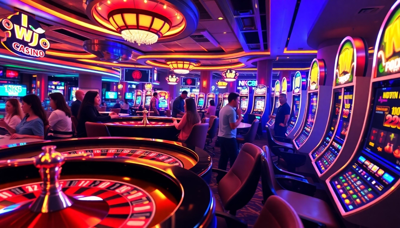 NK88 casino players enjoying the excitement of roulette and slot games in a luxurious setting.